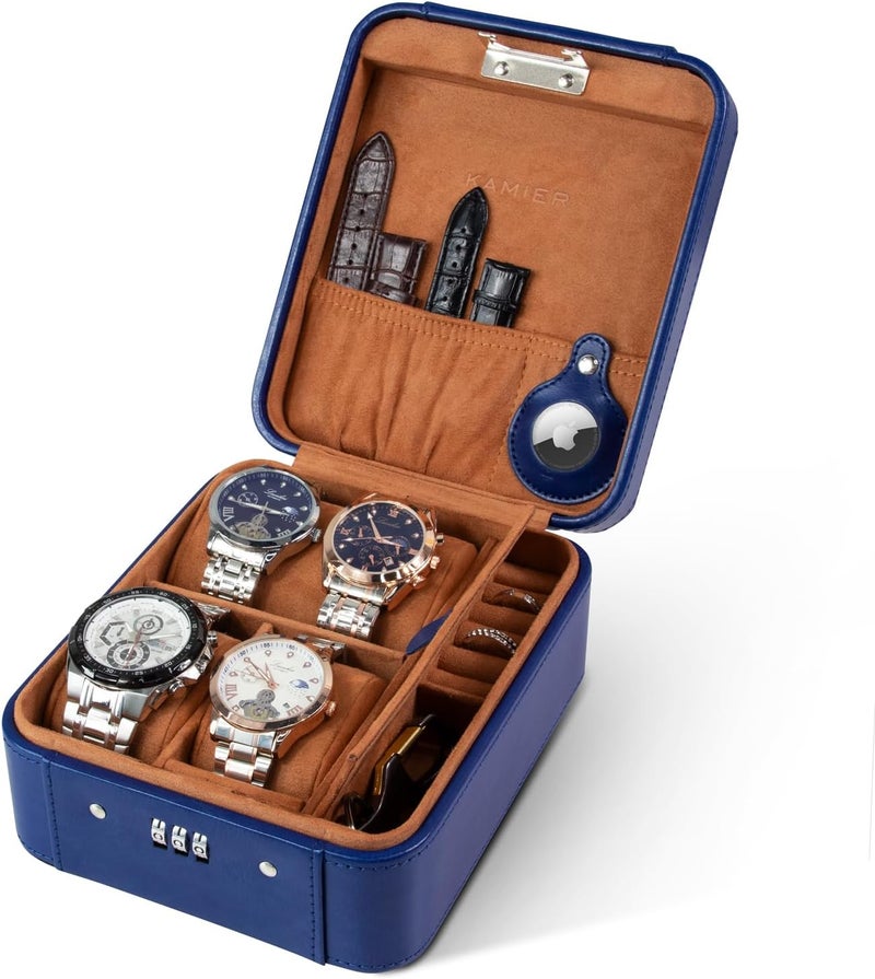 KAMIER Watch Case with Combination Lock - 4 Watch Storage and Jewelry Organizer - Watch Travel Case for Ring and Watch Storage, PU Leather Travel Watch Case, Ideal for Gift (With Gift Box),Blue - Image 1